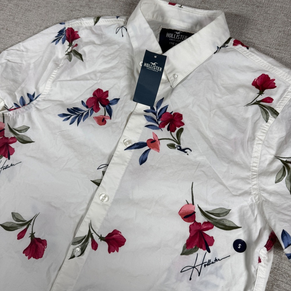NEW Hollister Button Down Mens Sm White Floral Epic Flex Stretch Short Sleeve